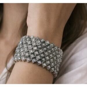 Goth Punk‎ Stretch Bracelet 1.5" Wide 3D Rhinestones Silver Tone B-TN1